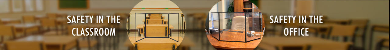 Two images side by side. One of an empty classroom and an empty office.